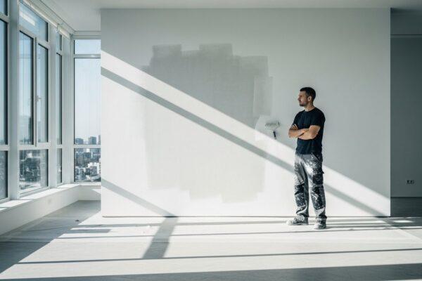 Wide shot of a professional painter standing in a sun-drenched