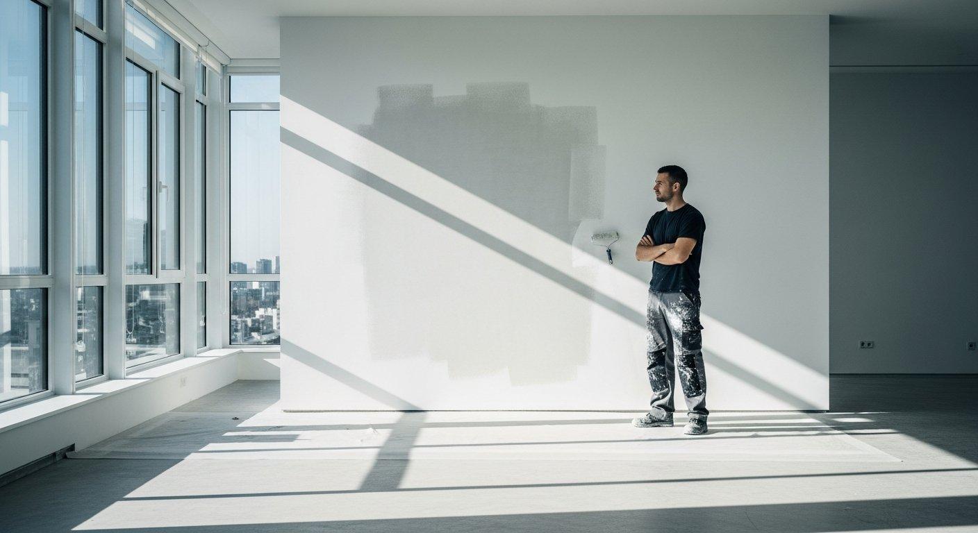 Wide shot of a professional painter standing in a sun-drenched