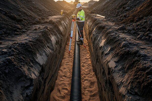 A wide-angle shot of a construction site at dusk