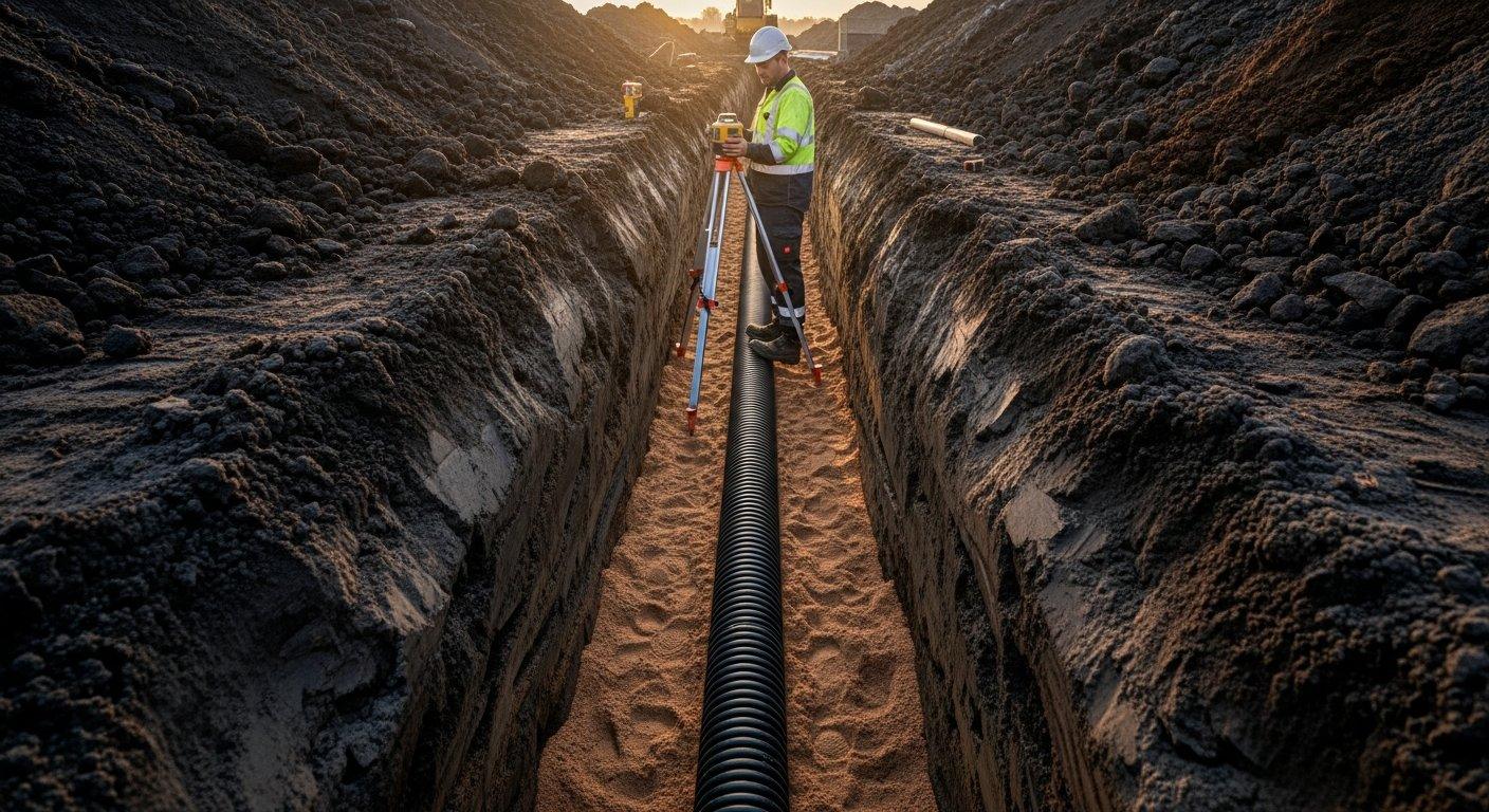 A wide-angle shot of a construction site at dusk