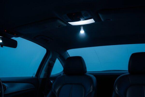 wide shot of a modern car interior at twilight