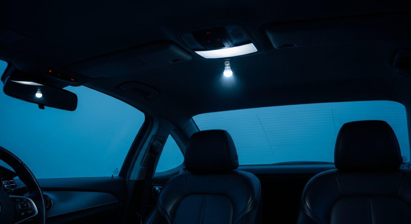 wide shot of a modern car interior at twilight