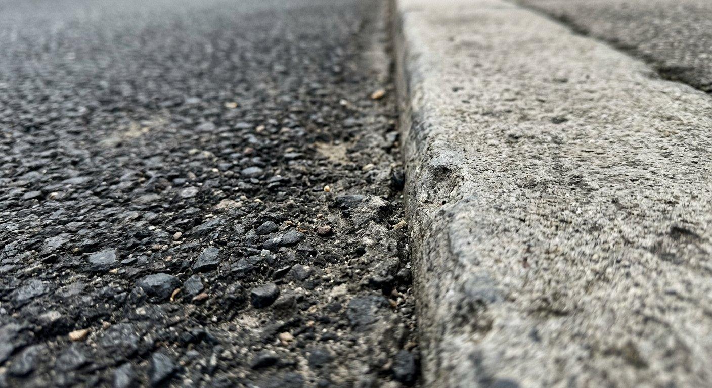 Precyzyjne połączenie czarnej nawierzchni asfaltowej z jasnym krawężnikiem betonowym na skraju wyremontowanej jezdni.