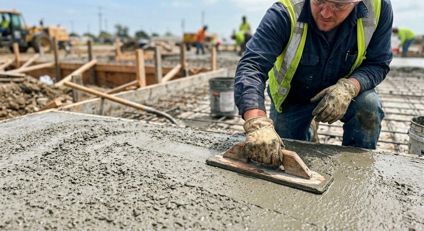 Pracownik budowlany wygładza powierzchnię wylanego betonu przy pomocy drewnianej pacy, dbając o równe wykończenie fundamentu.