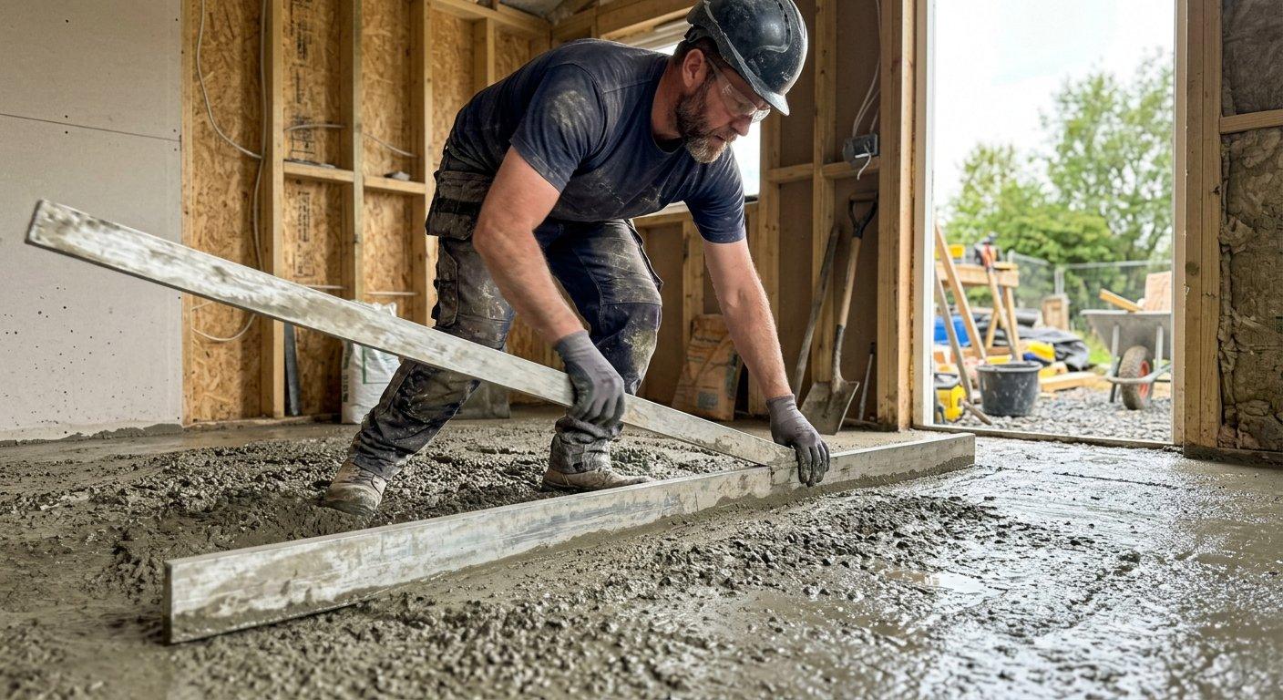 Budowlaniec wyrównuje świeżo wylaną wylewkę z betonu klasy B10 za pomocą długiej łaty murarskiej wewnątrz wznoszonego obiektu.