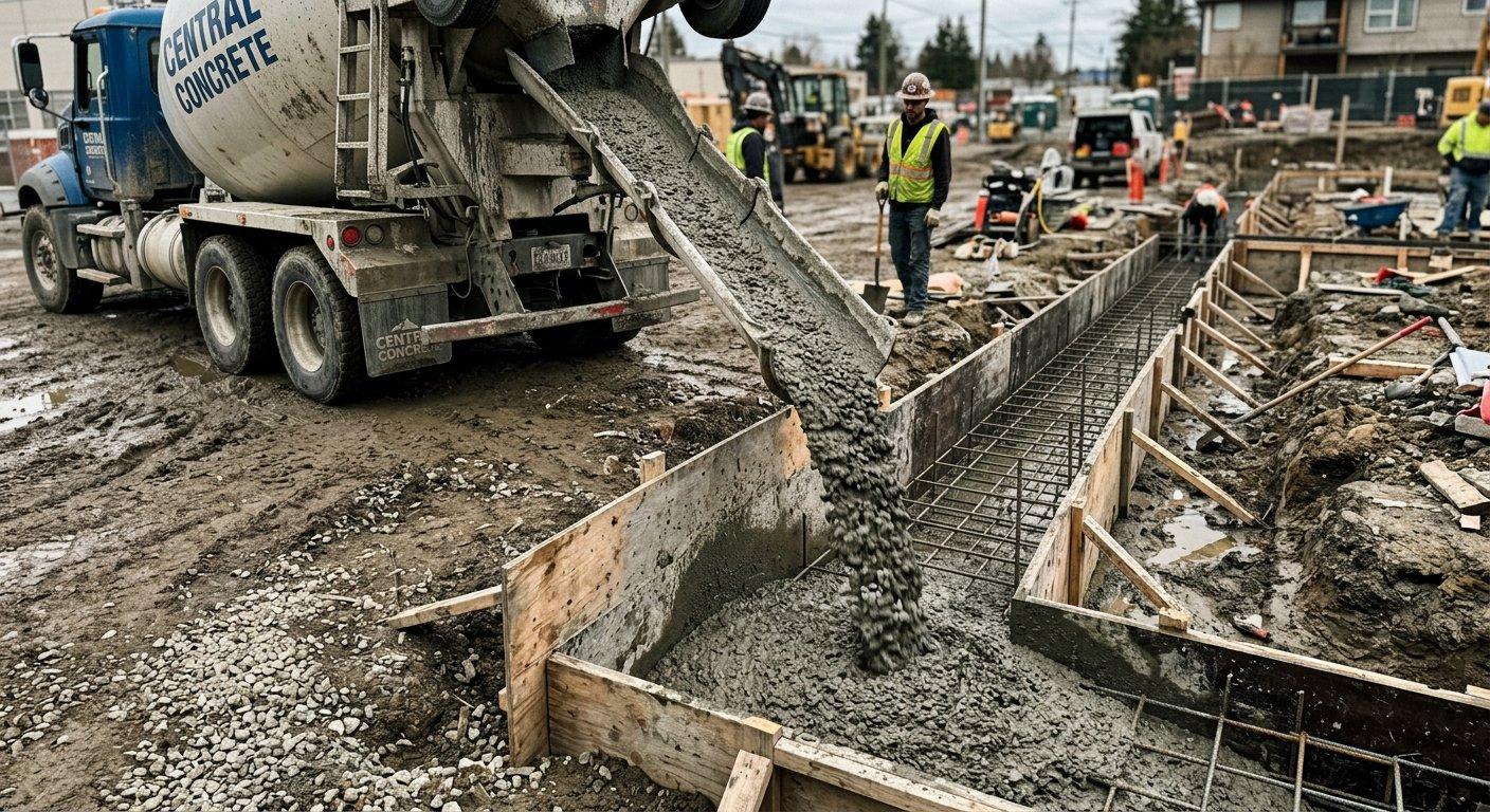 Beton towarowy klasy C20/25 wypływa z rynny betonomieszarki bezpośrednio do przygotowanego wykopu fundamentowego.