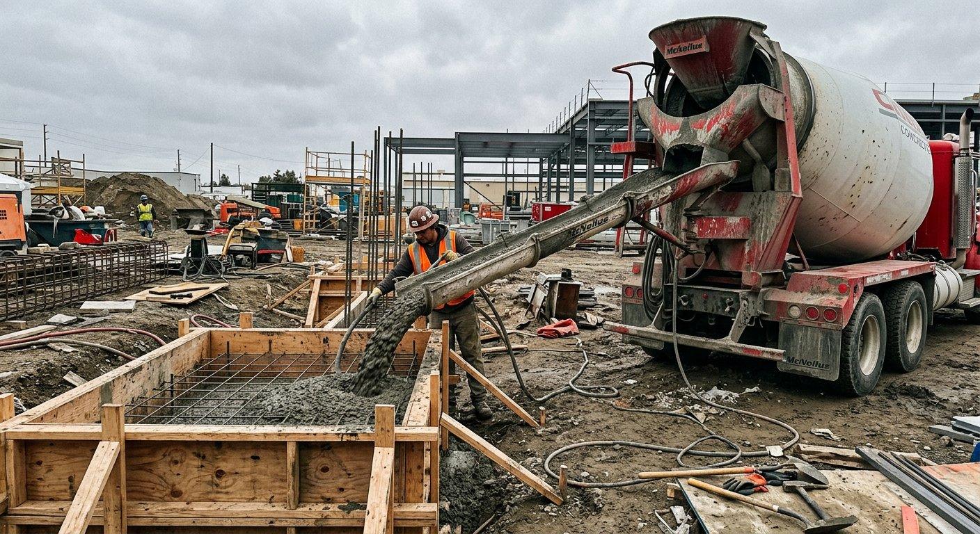 Wylewanie mieszanki betonowej z gruszki bezpośrednio do szalunków przygotowanych pod wylanie płyty fundamentowej budynku.