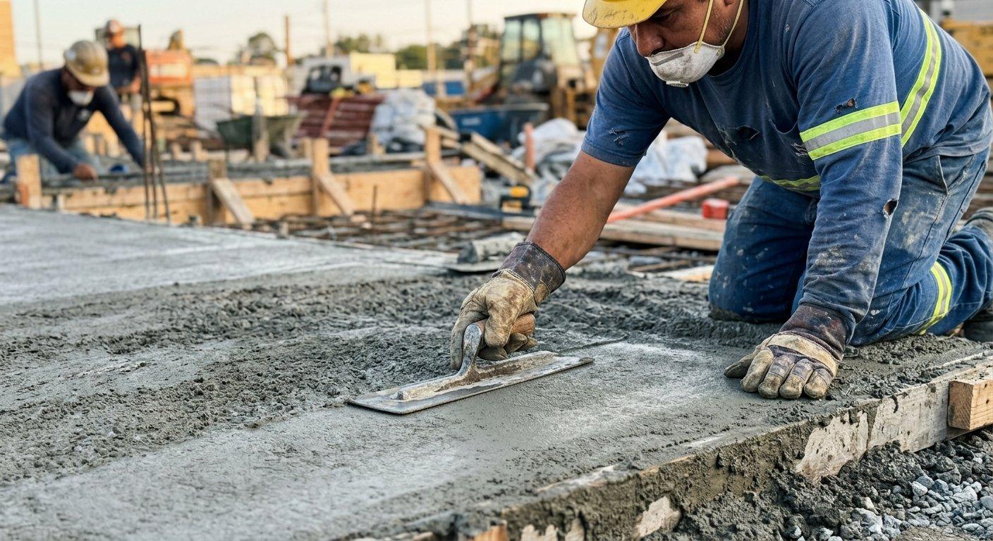 Robotnik budowlany wygładza powierzchnię wylanego betonu za pomocą stalowej pacy, dbając o równe wykończenie płyty.