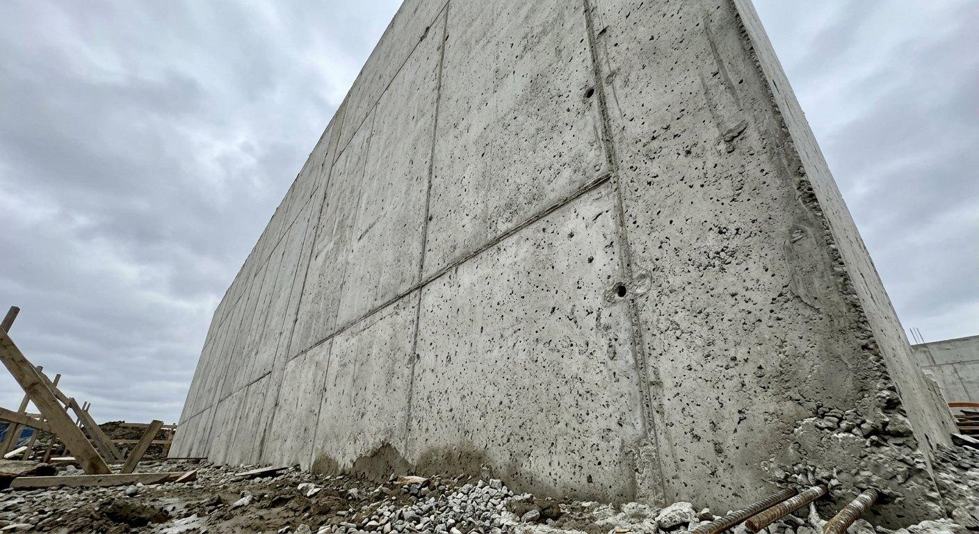 Surowa ściana z betonu konstrukcyjnego prezentuje jednolitą strukturę oraz wysoką gęstość materiału na placu budowy.