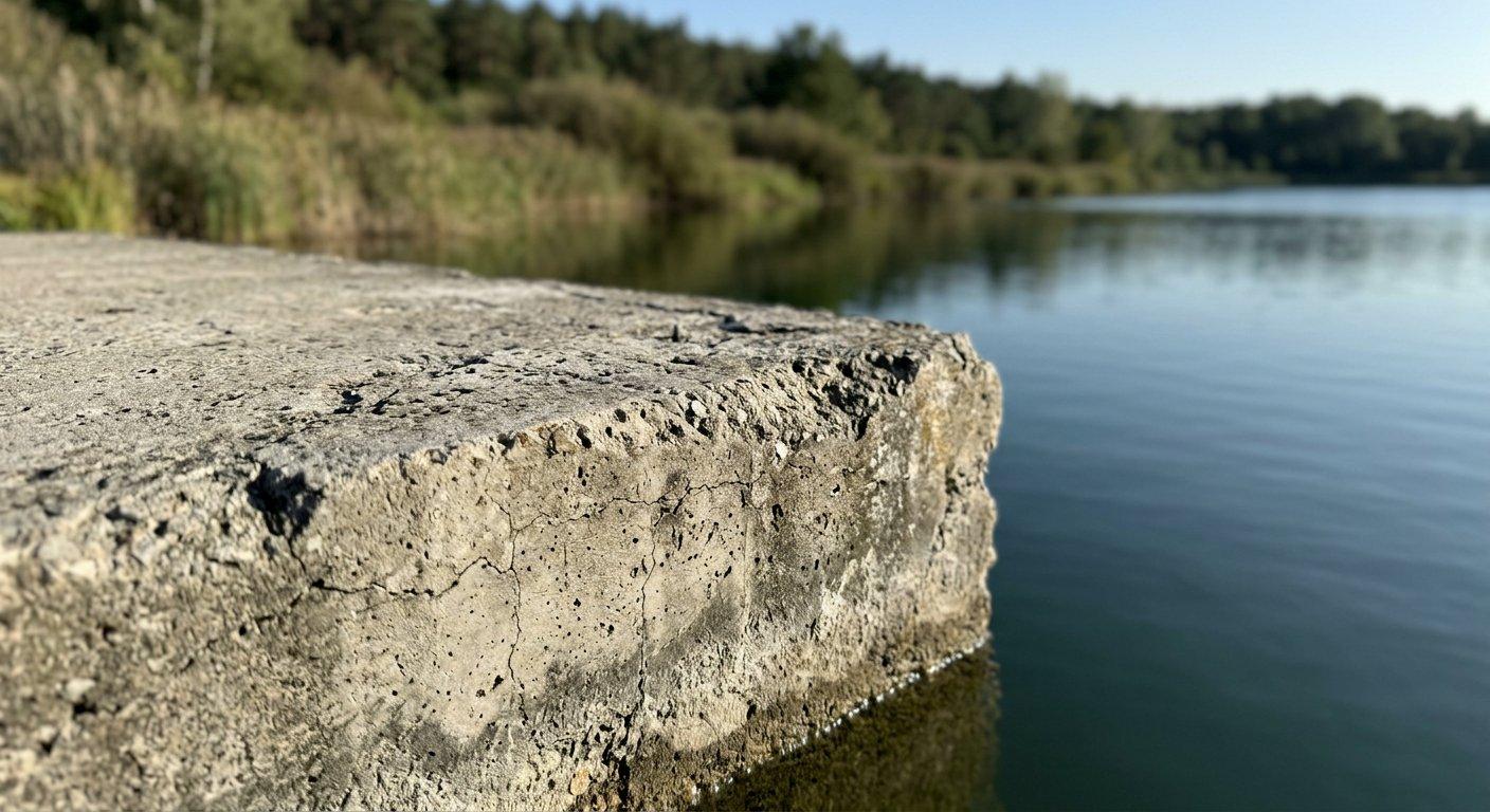 Krawędź wzmocnionego bloku betonowego stabilizuje brzeg zbiornika wodnego po długotrwałym kontakcie z wilgocią.
