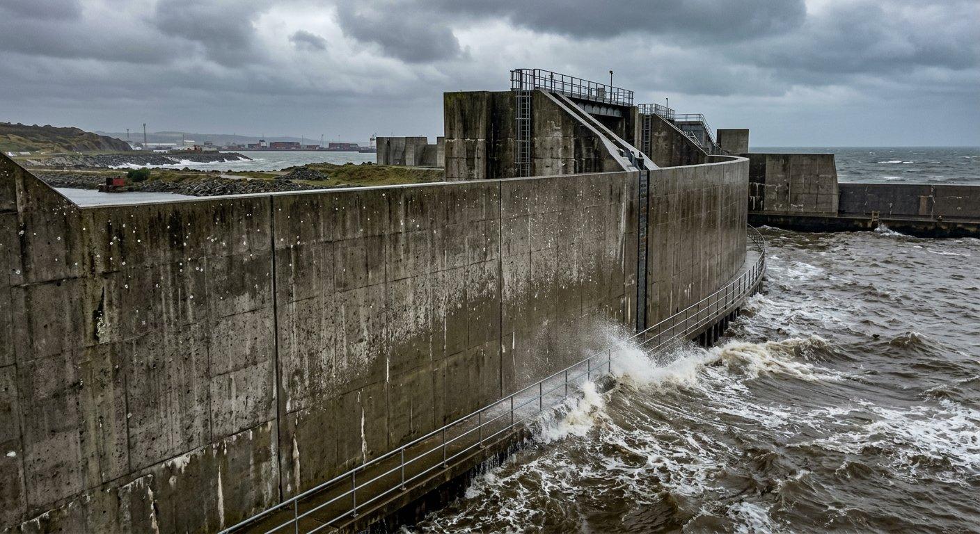 Masywna ściana przeciwpowodziowa z hydrotechnicznego betonu stawia opór nurtowi wody w kanale miejskim.