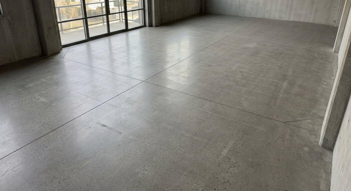 Idealnie wygładzona powierzchnia betonowego jastrychu wypełnia całą przestrzeń nowoczesnego, surowego wnętrza.