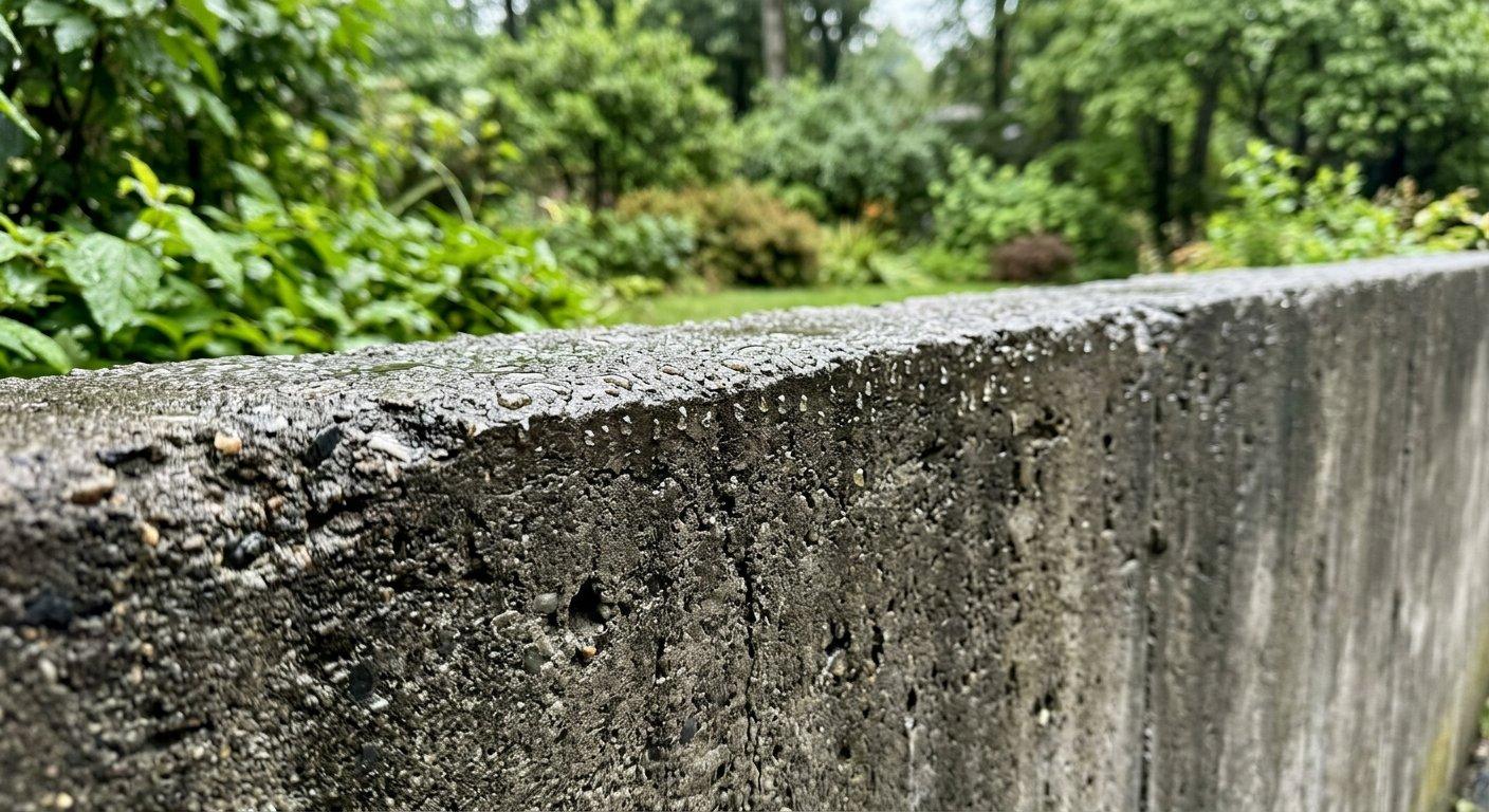 Solidny mur oporowy z betonu mrozoodpornego stoi w ogrodzie w otoczeniu roślinności po deszczu.
