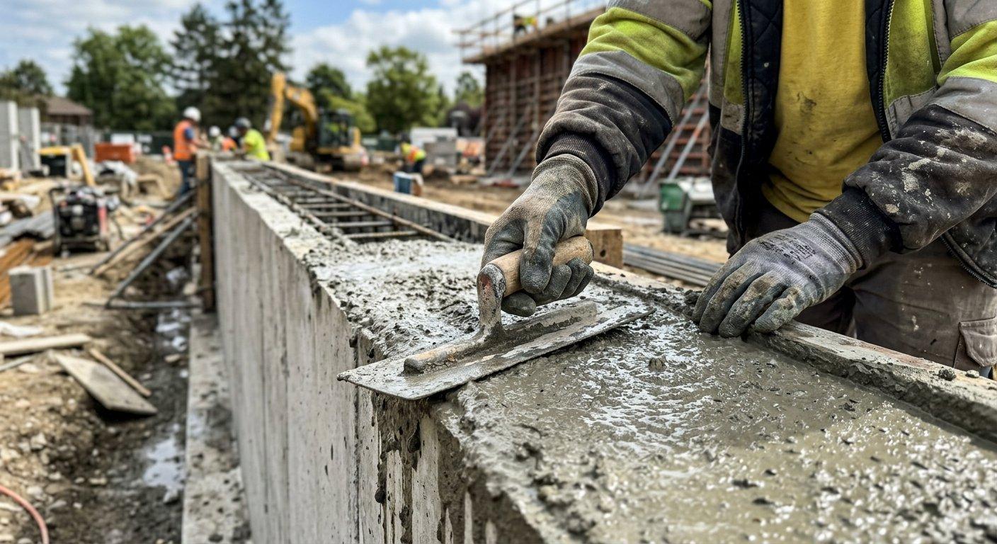 Budowlaniec wyrównuje świeżo wylaną mieszankę betonową na krawędzi muru oporowego przygotowywanego do pracy w trudnych warunkach atmosferycznych.