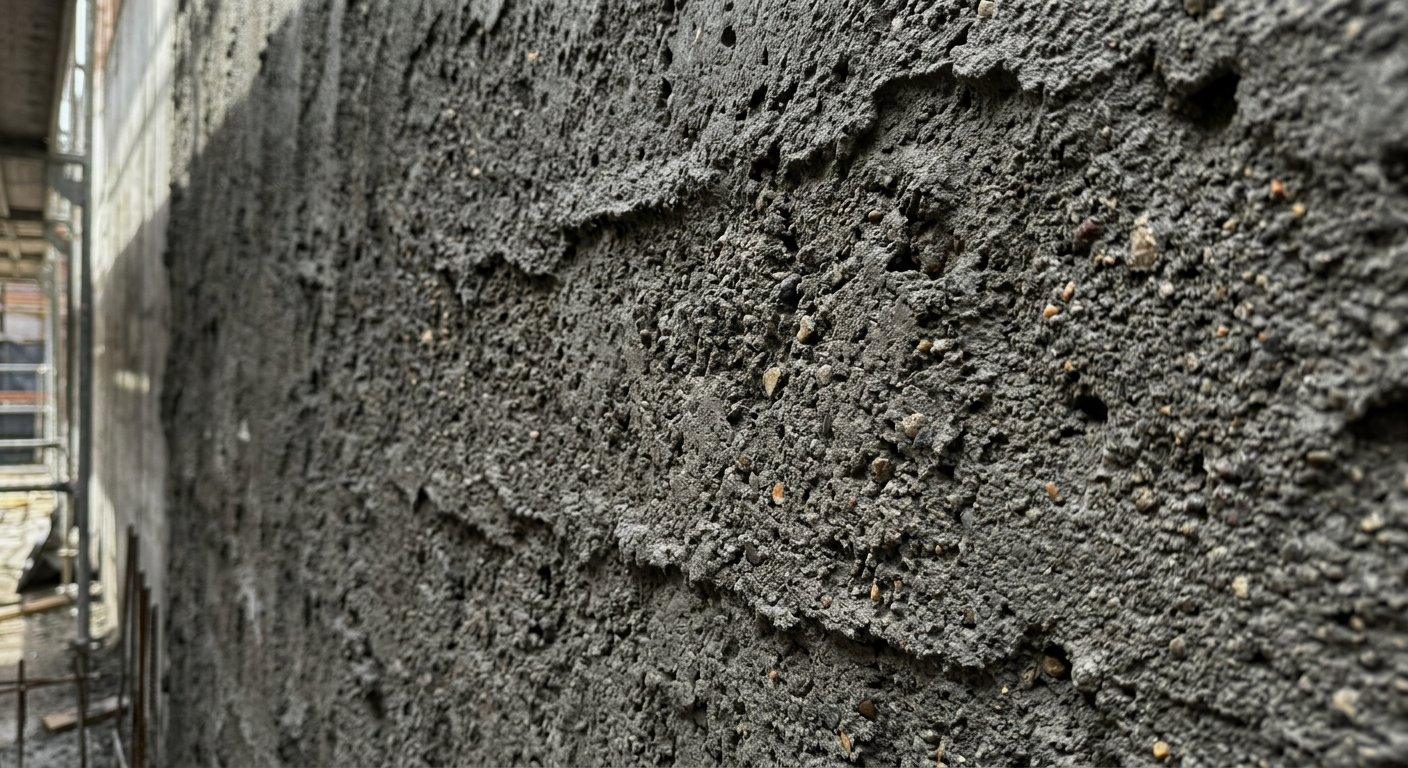 Widok z bliska na surową, porowatą fakturę ściany po zakończeniu procesu natryskiwania betonu na powierzchnię konstrukcyjną.