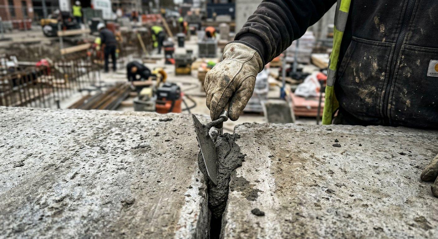 Pracownik budowlany nakłada zaprawę łączącą między dwiema płytami betonu odpornego na działanie wysokich temperatur.