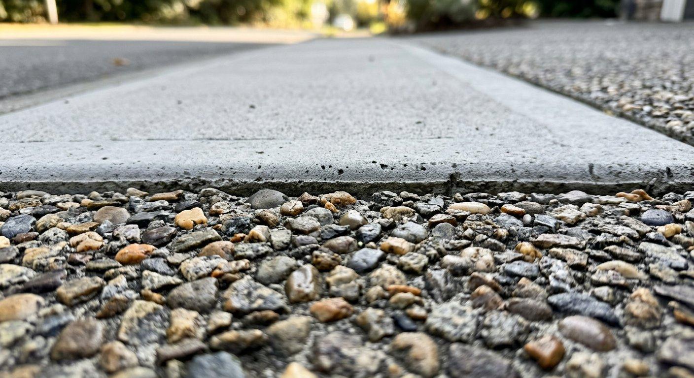 Precyzyjnie wykonane obrzeże płynnie łączy się z dekoracyjną nawierzchnią wykonaną z kruszywa o wyrazistej strukturze.