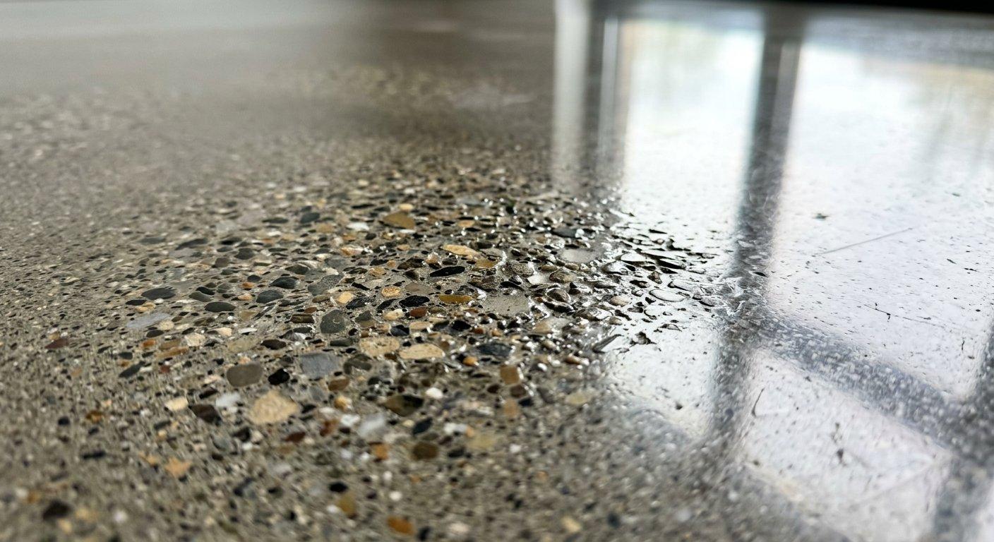 Z bliska widać precyzyjnie wykończoną fakturę betonu z wyraźnie widocznym uziarnieniem oraz lustrzanym połyskiem.