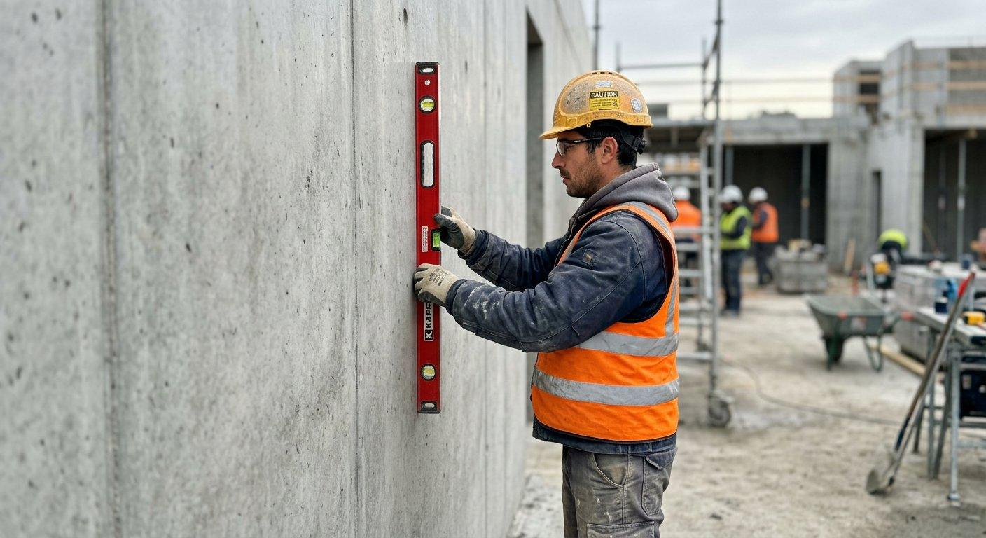 Pracownik budowlany sprawdza idealną gładkość ściany wykonanej z betonu samozagęszczalnego po zdjęciu szalunków.