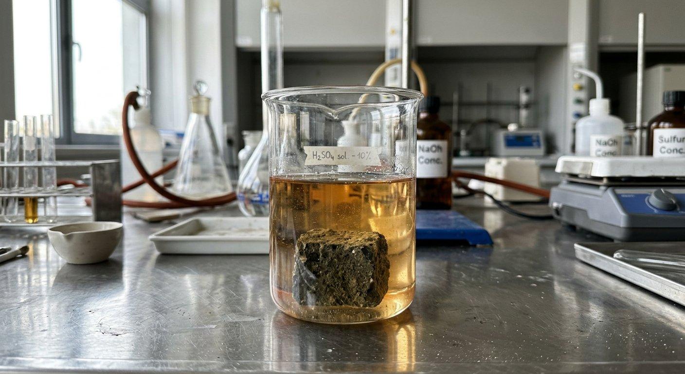 Próbka betonu siarkowego zanurzona w roztworze chemicznym podczas laboratoryjnego testu odporności na korozję.
