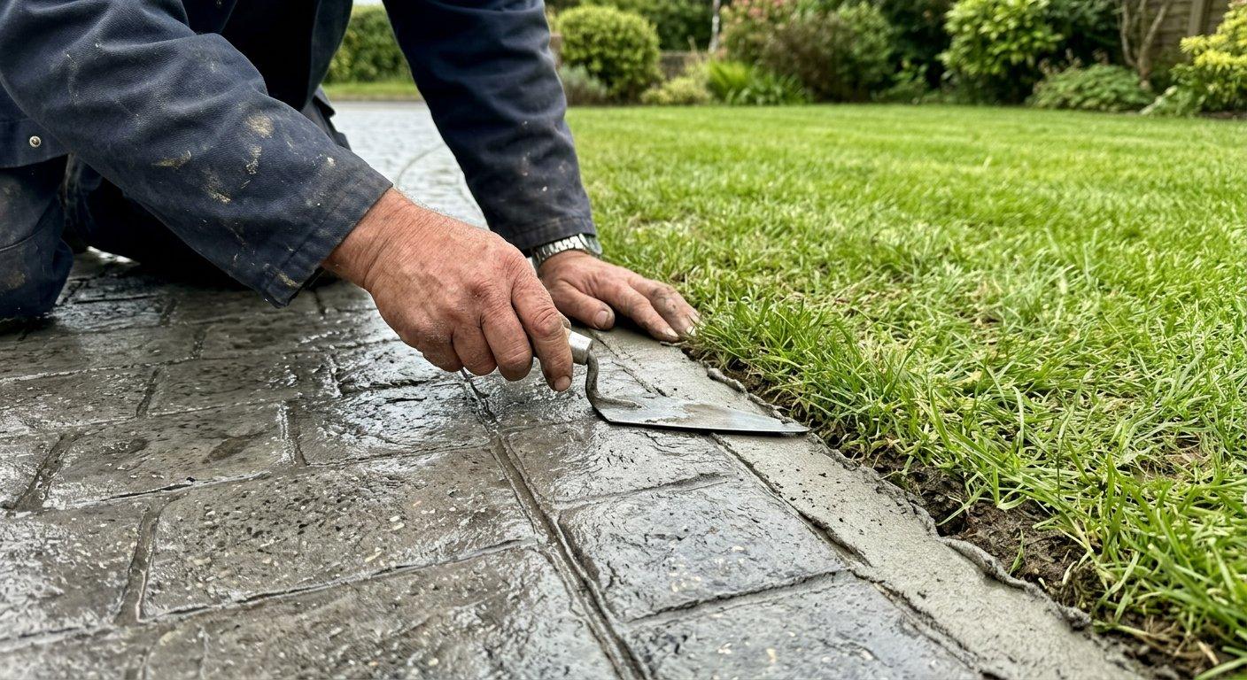 Fachowiec za pomocą kielni wygładza krawędź betonowej wylewki imitującej naturalną kostkę brukową w przydomowym podjeździe.