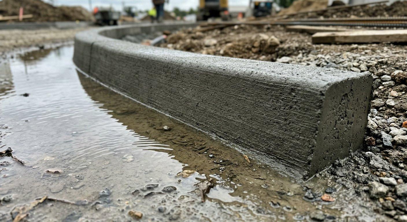 Zalana wodą krawędź betonowa wykazuje wysoką szczelność i odporność na wilgoć w otoczeniu budowlanym.