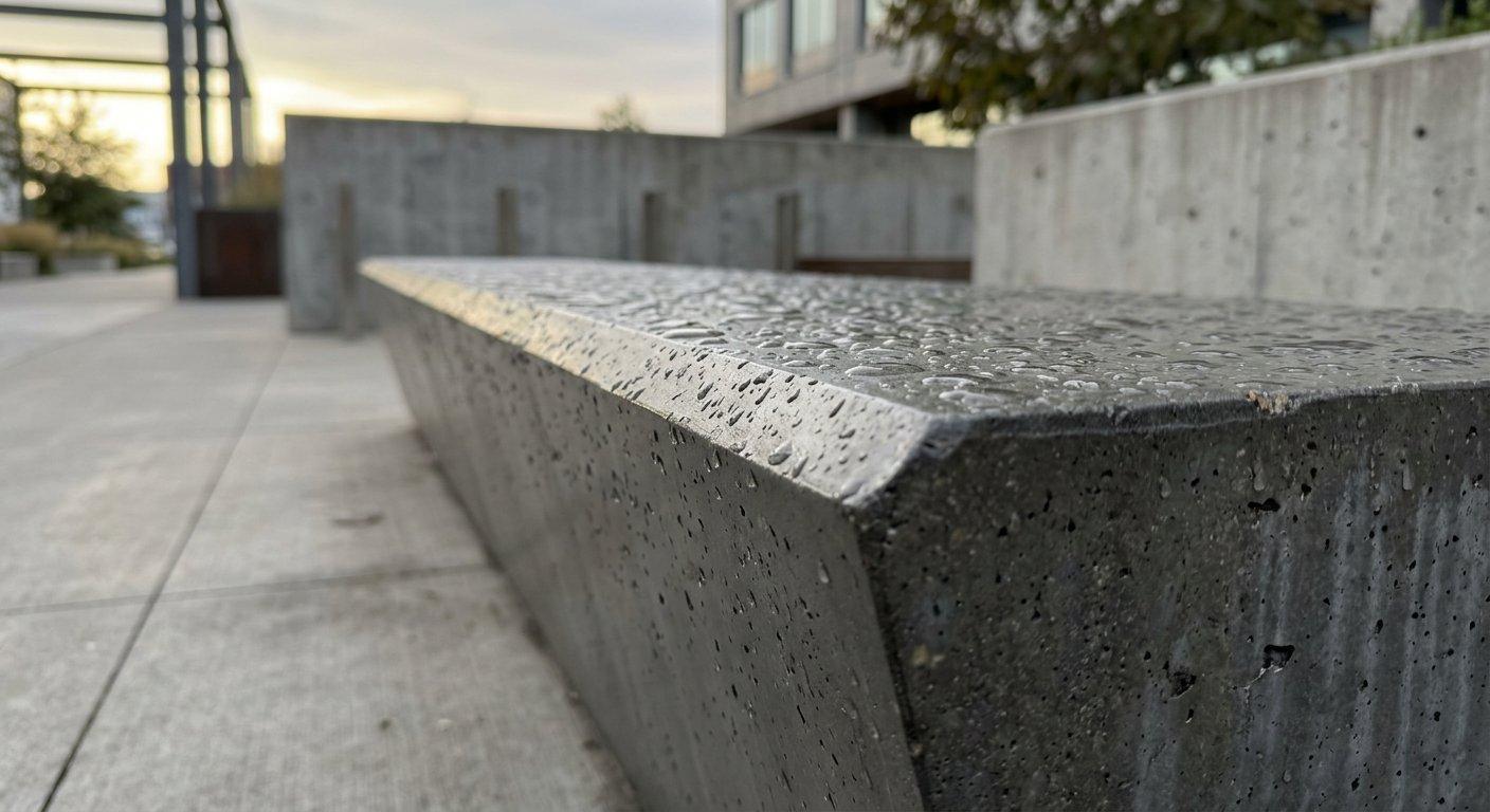 Deszczowe krople osiadają na gładkiej i odpornej na wilgoć powierzchni elementu małej architektury wykonanego z betonu żywicznego.