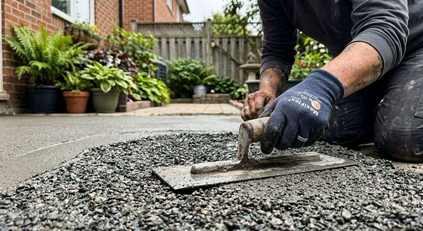 Fachowiec za pomocą pacy precyzyjnie wygładza świeżo wylaną masę betonowo-żywiczną na zewnętrznym tarasie.