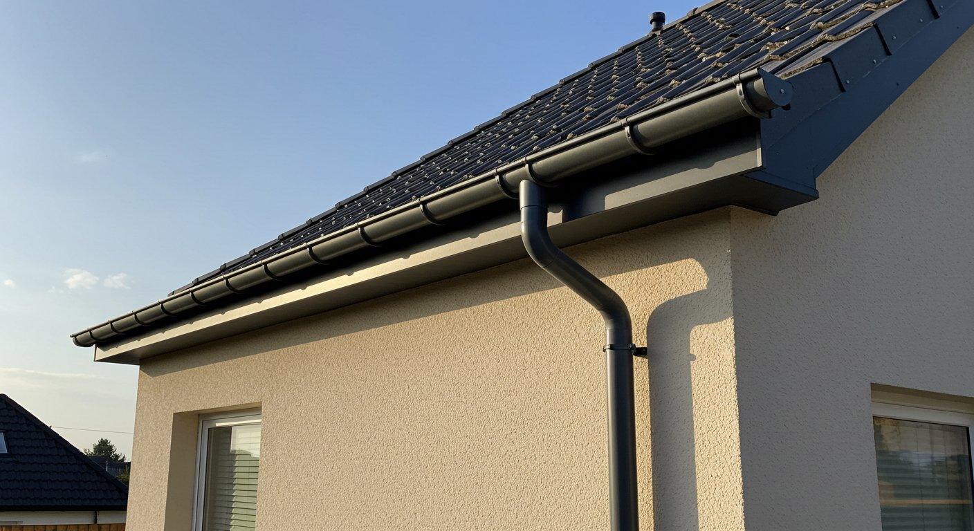 Nowo zamontowany system rynnowy z grafitowego aluminium estetycznie komponuje się z jasną elewacją i dachówką nowoczesnego domu jednorodzinnego.