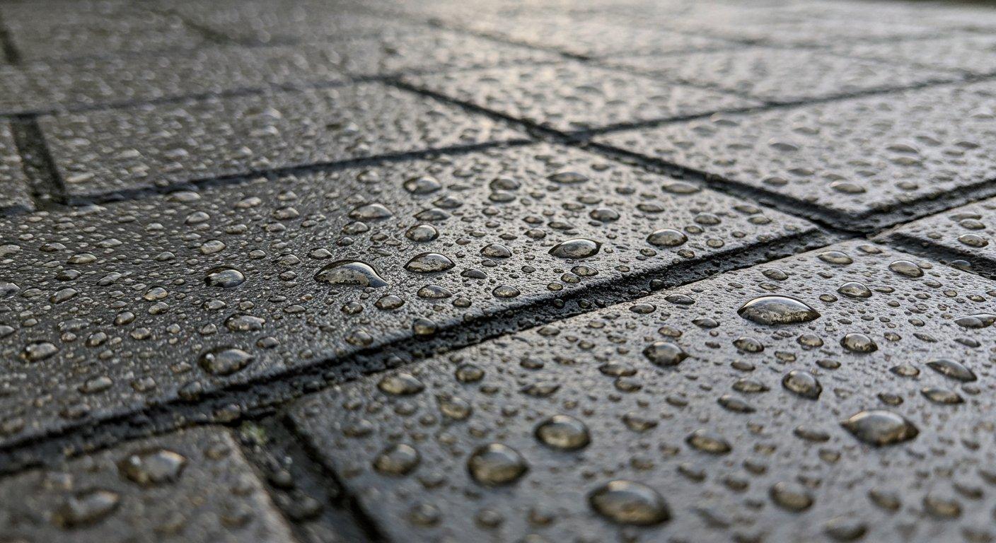 Drobne krople deszczu skupiają się na powierzchni zaimpregnowanej kostki brukowej, tworząc wyraźny efekt hydrofobowy i nie wnikając w głąb materiału.