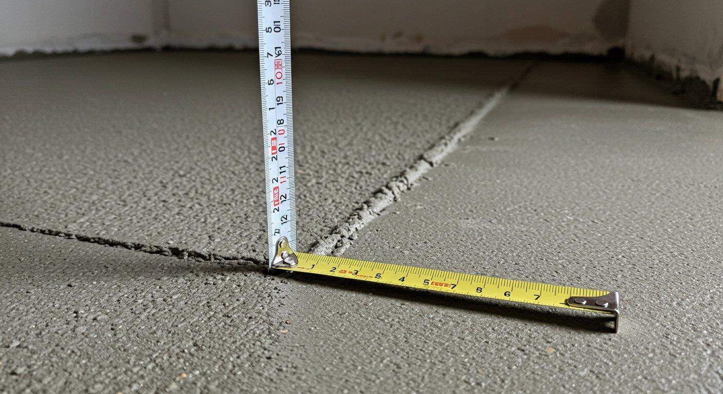 Pracownik budowlany mierzy głębokość świeżej wylewki betonowej za pomocą metalowej miarki taśmowej włożonej w szary cement.