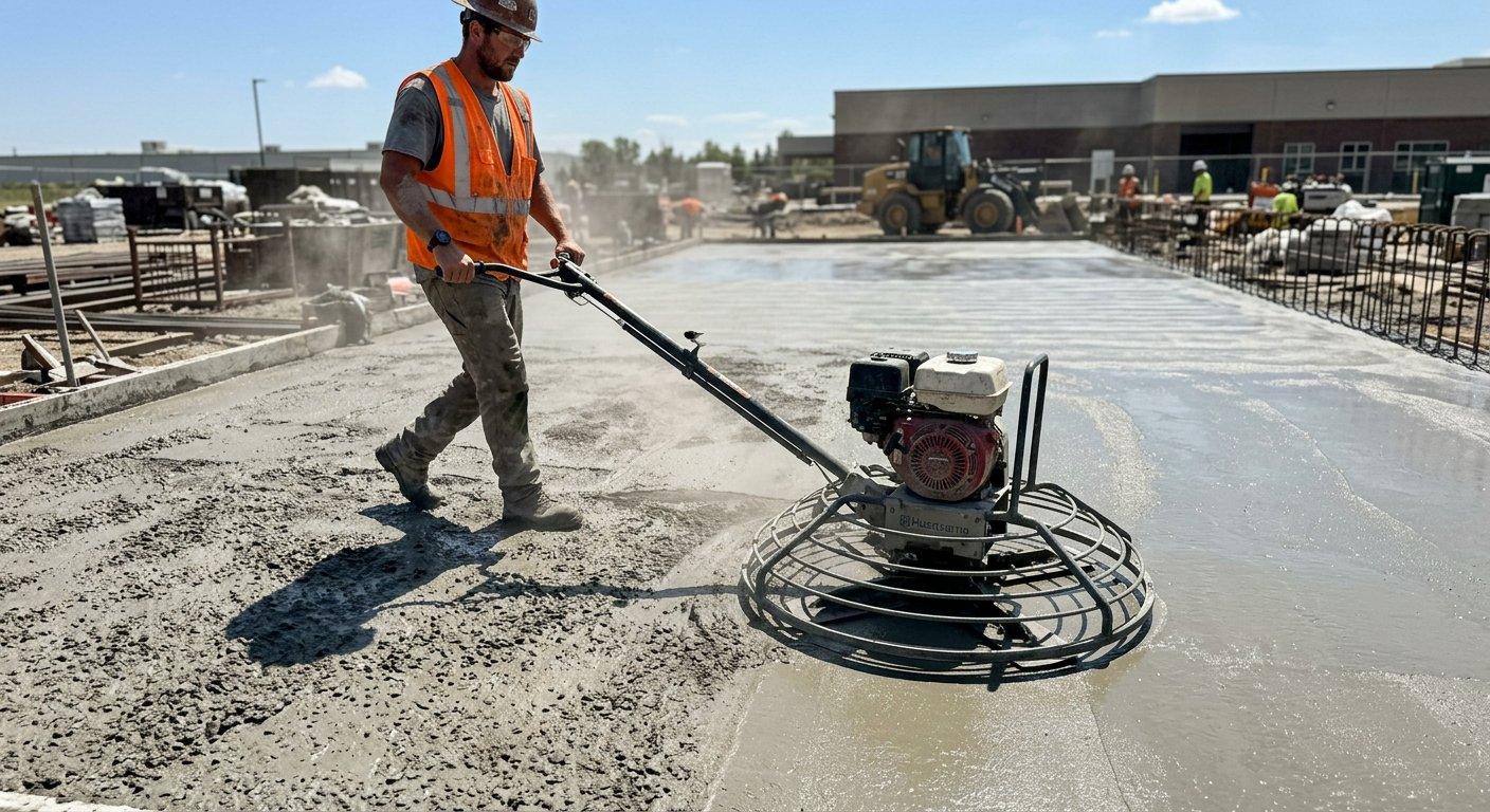 Robotnik budowlany wygładza powierzchnię wylanego betonu przy użyciu zacieraczki mechanicznej na placu budowy.