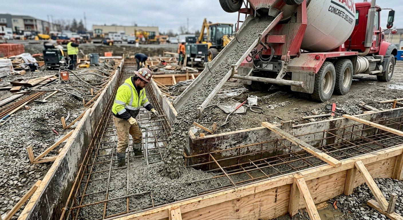 Beton z betoniarki wylewany jest bezpośrednio do zbrojonego wykopu przygotowanego pod fundament budynku.