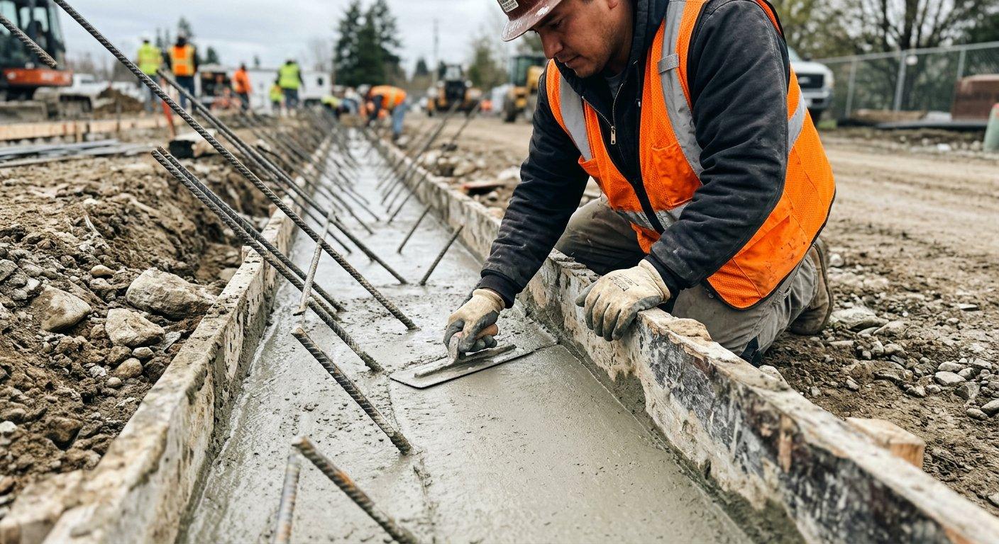 Budowlaniec wyrównuje powierzchnię wylanego betonu wzdłuż zbrojenia w wykopie fundamentowym.