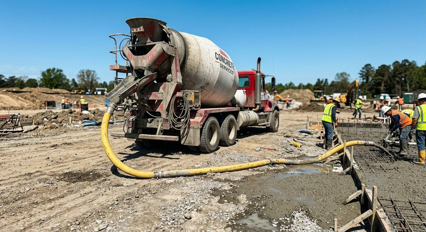 Betoniarka z pompą podaje masę betonową bezpośrednio do przygotowanych wykopów na placu budowy.