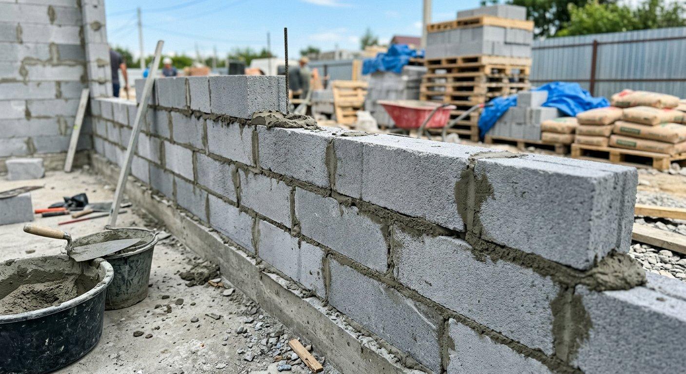 Fragment wznoszonej ściany z szarych bloczków keramzytowych na placu budowy w słoneczny dzień.
