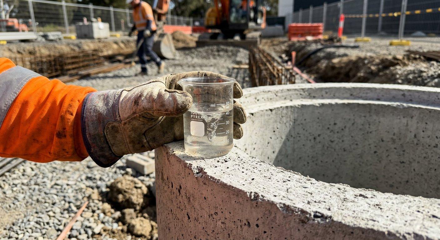 Specjalista pobiera próbkę wody z otoczenia betonowego elementu konstrukcyjnego w celu zbadania poziomu agresywności chemicznej środowiska.