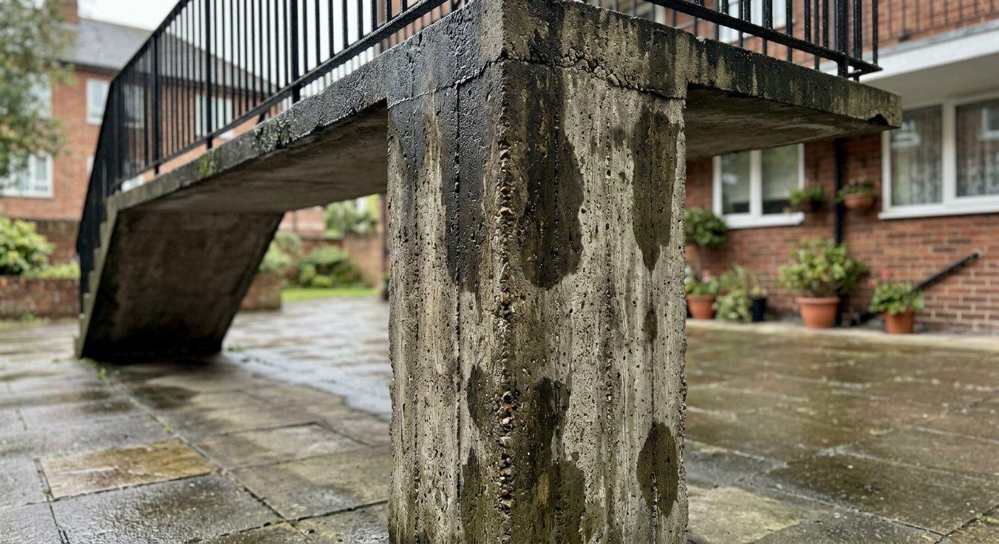 Betonowy słup konstrukcyjny na zewnątrz budynku wykazujący ślady wilgoci po opadach deszczu.