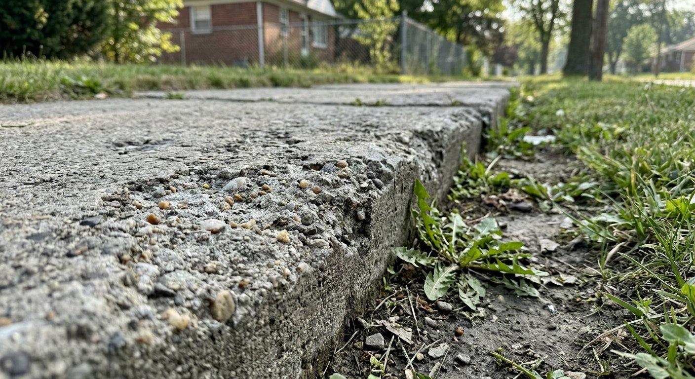Fragment krawędzi chodnika betonowego wykazujący naturalne ślady zużycia wynikające z cyklicznego zamarzania i rozmarzania wody.