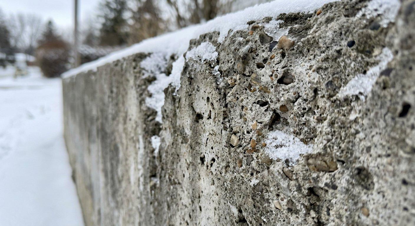 Zbliżenie na teksturę ściany oporowej, która jest poddawana działaniu ekstremalnych warunków atmosferycznych i niskich temperatur.