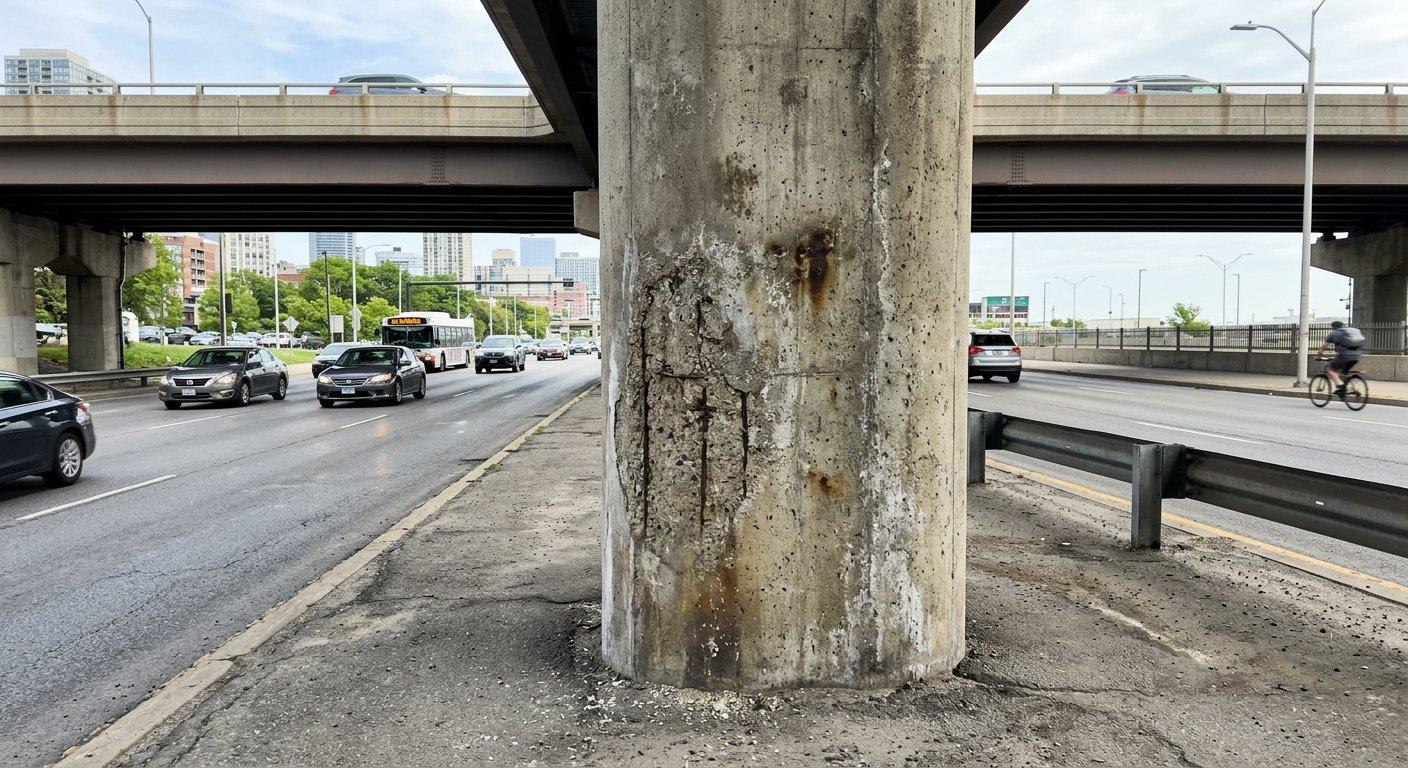 Betonowy filar wiaduktu drogowego wykazuje oznaki erozji powierzchniowej spowodowanej działaniem chlorków zawartych w środkach odladzających używanych zimą.