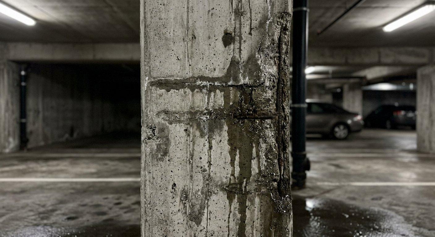 Wilgotne zacieki na ścianie żelbetowej parkingu podziemnego wskazują na przenikanie wody zawierającej chlorki w głąb struktury konstrukcji.