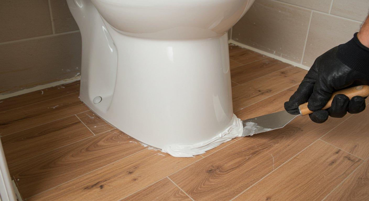Fachowiec starannie wykańcza montaż toalety stojącej, nakładając biały silikon wokół ceramicznej stopy przy podłodze.