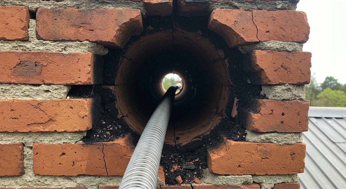 Elastyczny wkład kominowy ze stali kwasoodpornej jest wprowadzany do wnętrza starego, pokrytego sadzą przewodu odprowadzającego spaliny.