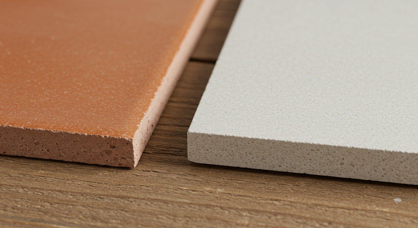 Porównanie krawędzi czerwonej płytki ceramicznej oraz jednolitego, grubego gresu leżących obok siebie na drewnianym blacie roboczym.