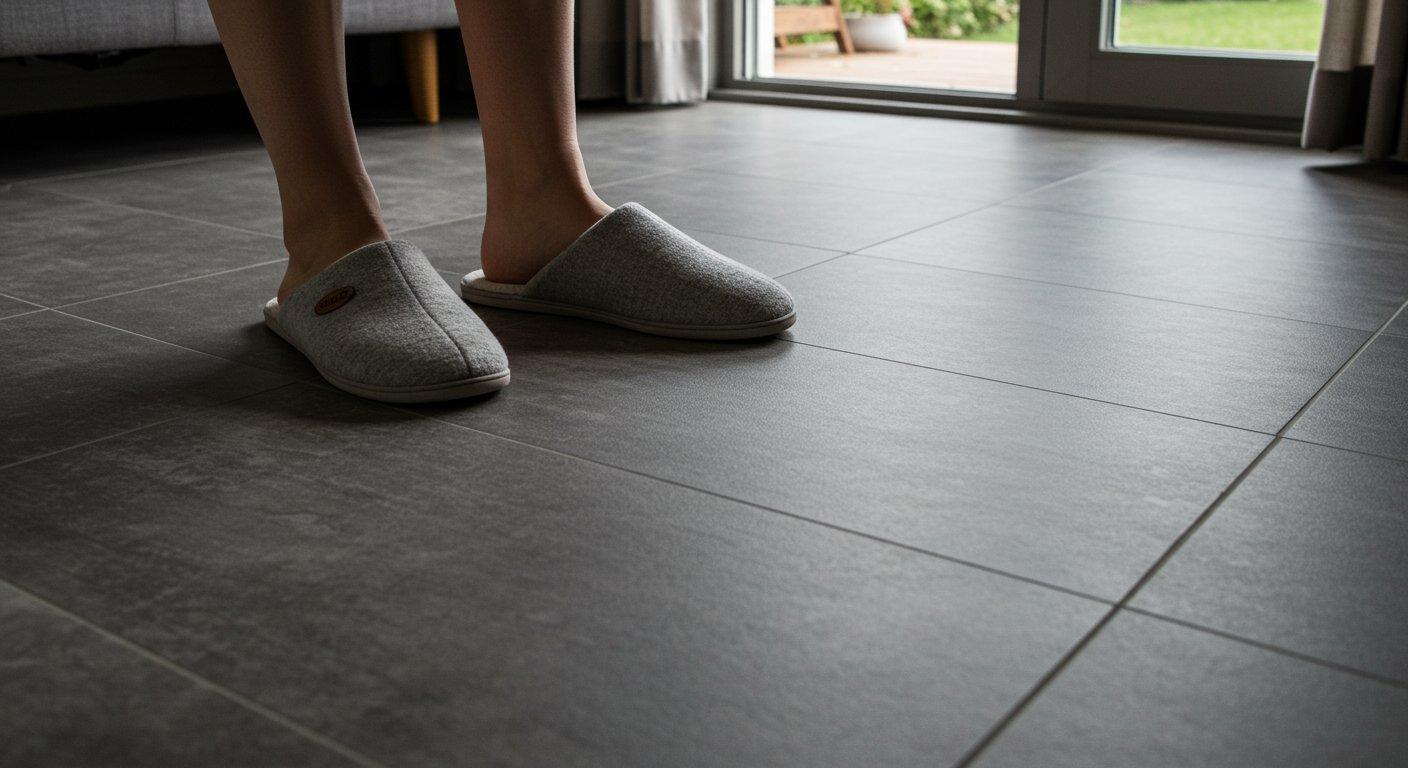 Jasnoszare gresowe płytki o matowej, kamiennej strukturze tworzą jednolitą i nowoczesną podłogę w przestronnym salonie.