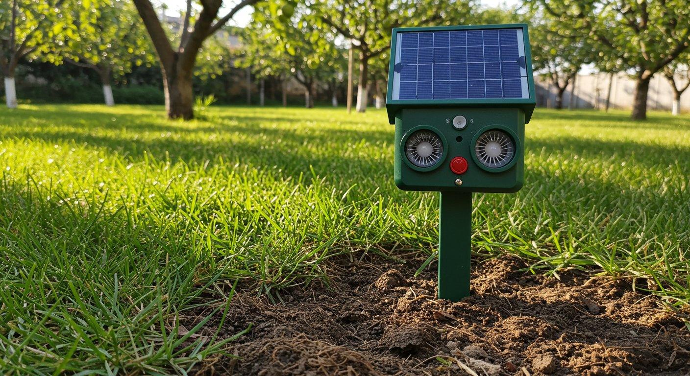 Nowoczesny odstraszacz solarny umieszczony bezpośrednio w ziemi trawnika w pobliżu drzewa owocowego chroni ogród przed kretami i nornicami.