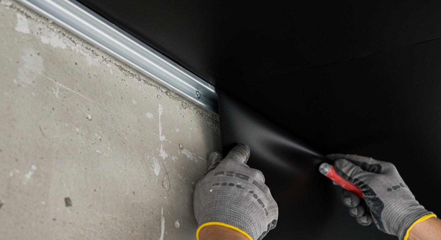 Pracownik budowlany za pomocą metalowej szpatułki dokładnie wciska krawędź czarnego, satynowego sufitu w aluminiowy profil montażowy.