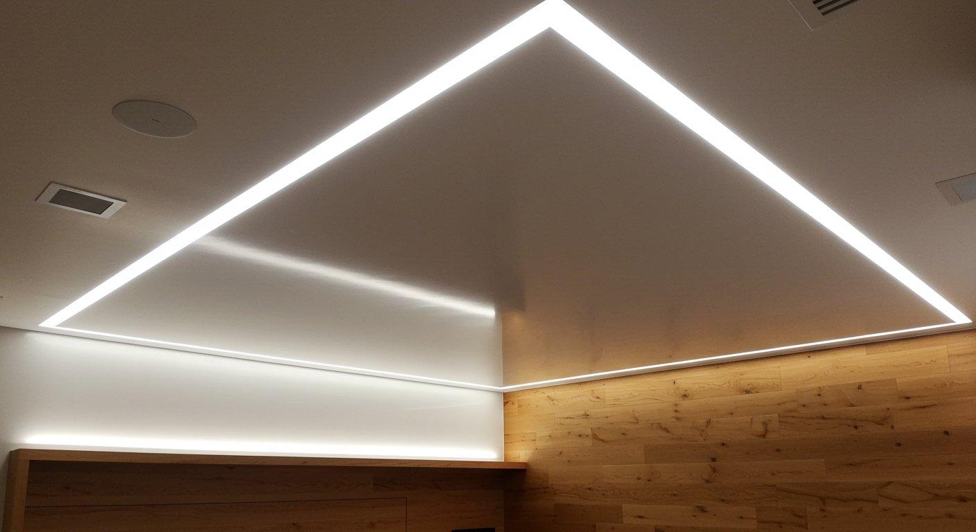 Nowoczesny, matowy sufit napinany w kolorze białym z zamontowanymi minimalistycznymi reflektorami oraz liniowym oświetleniem LED.